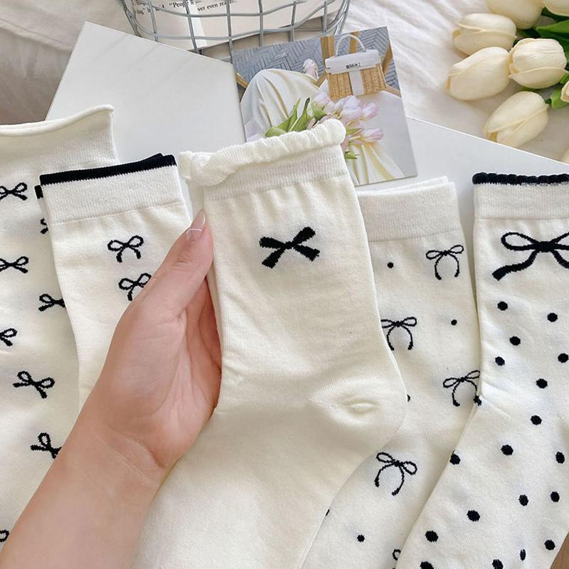 5 Pairs Women Bow Socks Spring Summer Autumn Winter Middle Tube Sock Thin Breathable Girls Cotton Socks Soft Comfortable Footwear