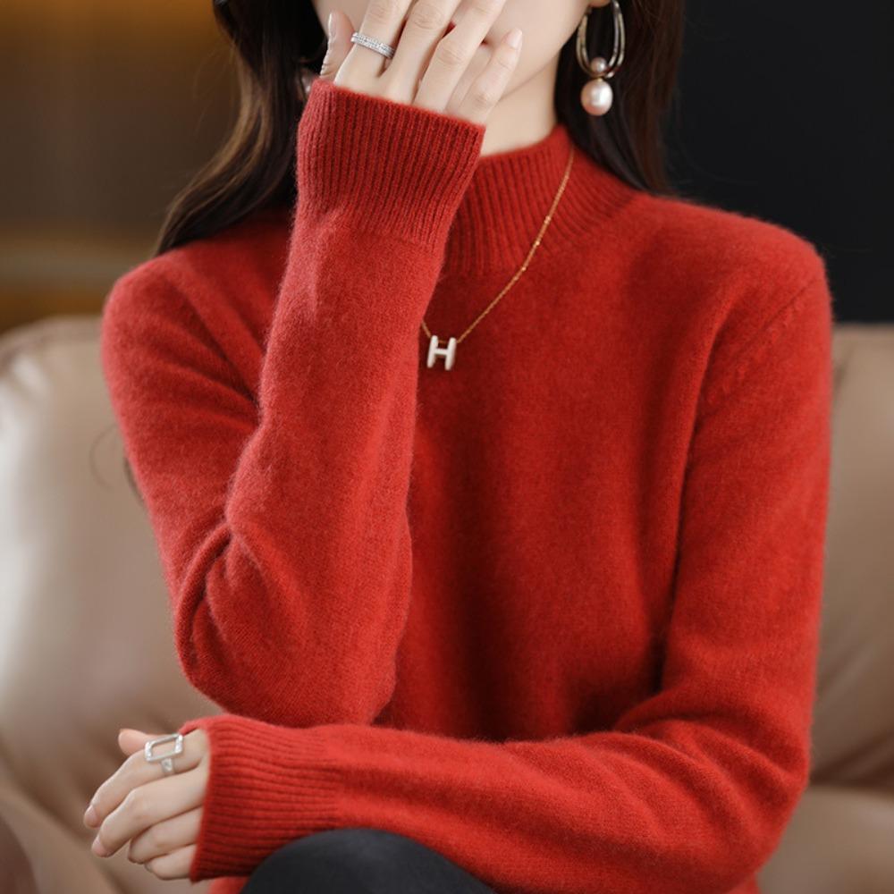 Autumn Winter Sweater Women Half High Neck Long Sleeve Top Loose Slim Versatile Pullover Knitwear Casual Knitted Jumper