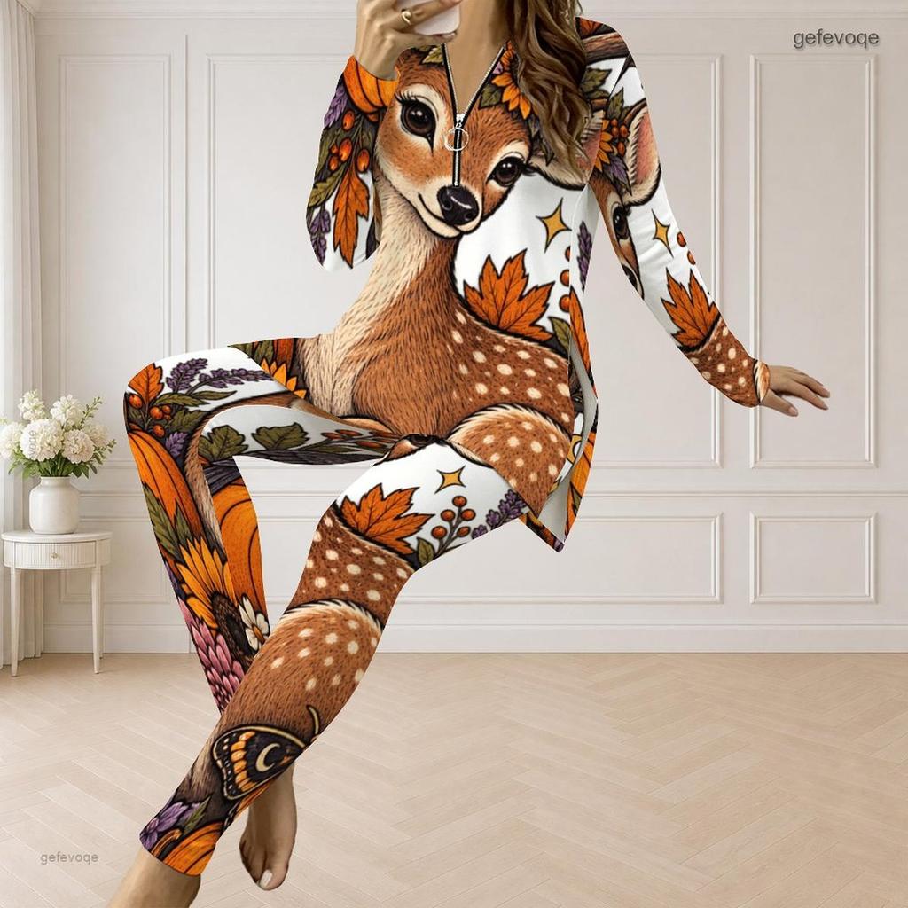 Women Plus Size Halloween Printed Two Piece Pants Set Half Zip Long Sleeve Top And Long Pants