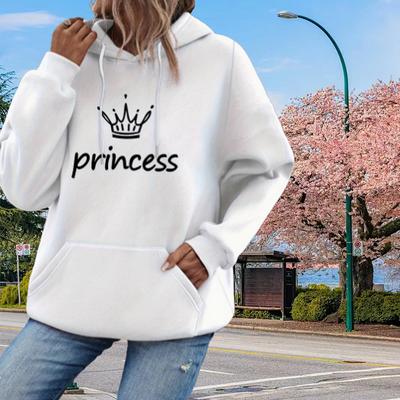 Womens Crown Letters Print Loose Hoodie Tops Blouse Sweatshirt Casual Long Sleeve Pullover Tops
