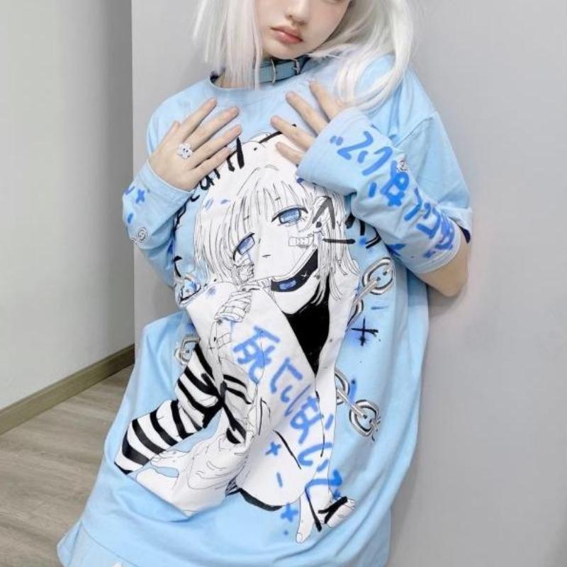 2KWEIRD Y2k Anime Grafisk T-skjorte Goth med Splitt Ermer Mote Kawaii Søt T-skjorte Dame Egirl Harajuku Topp Femme Sommer