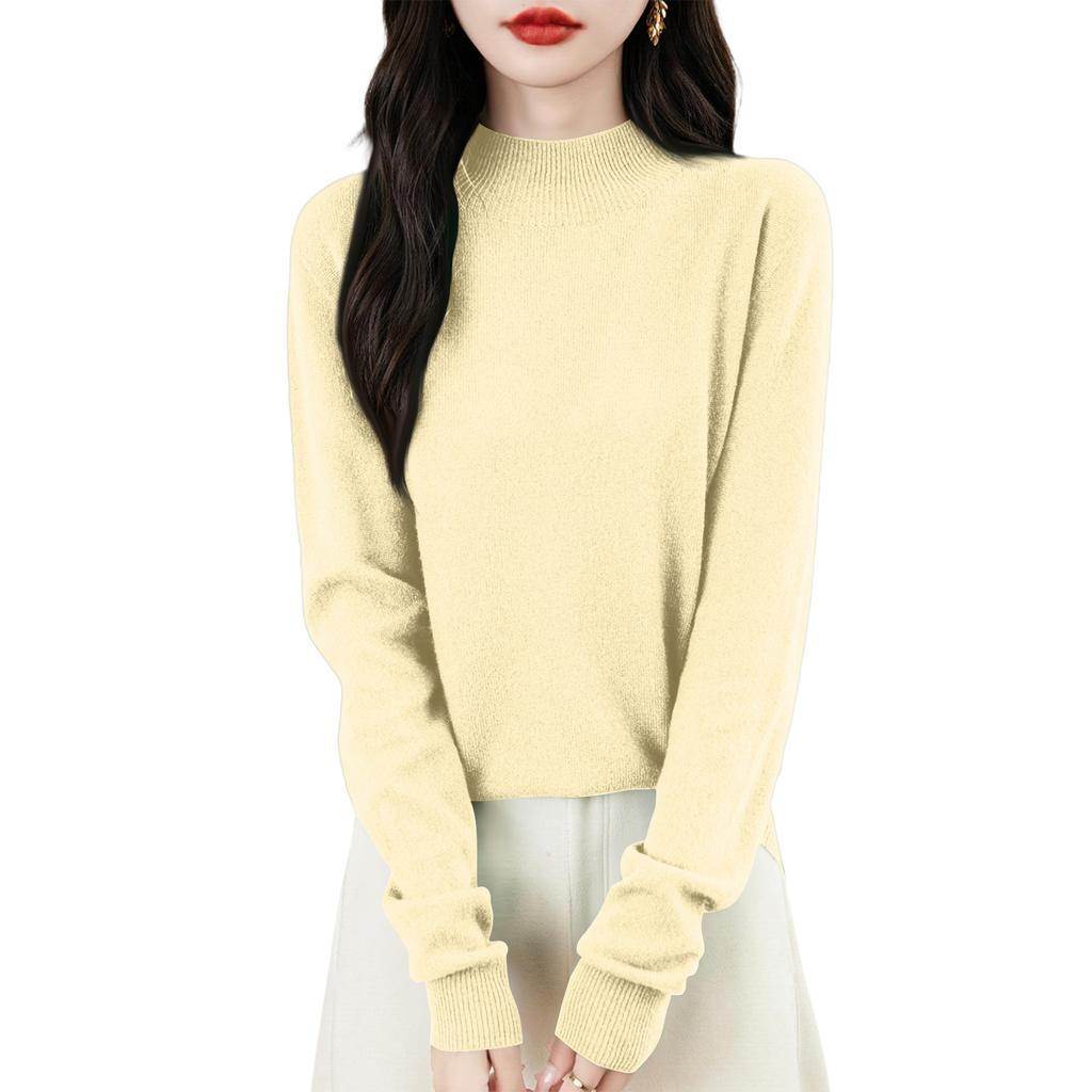 Women's Fashion Flat-Knit Half-Turtleneck Pullover Sweater Solid Color Long-Sleeve Top