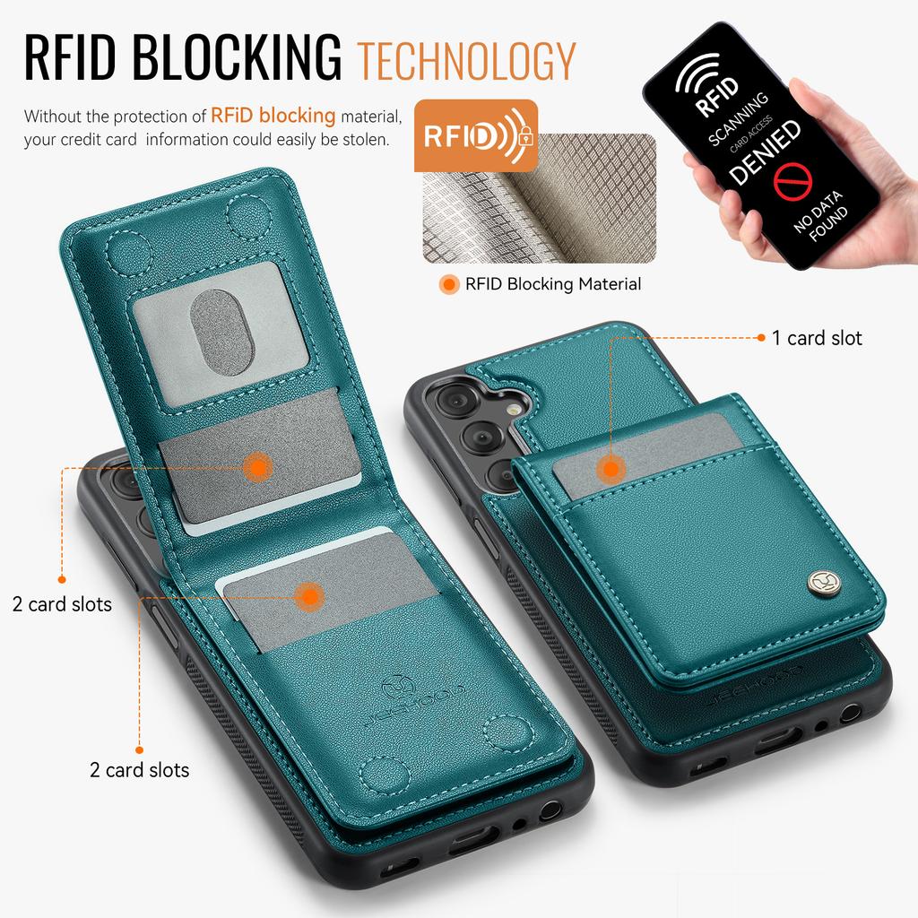 For Samsung Galaxy A15 5G/Galaxy A15 4G Leather Back Cover Compatible with MagSafe JEEHOOD J06 Phone Case with Card Bag RFID Blocking