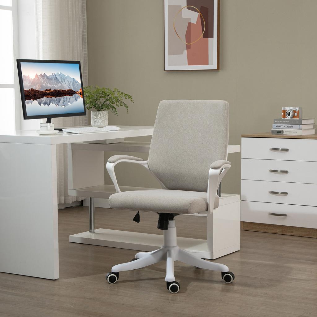 Office Chair Ergonomic Desk Chair with Armrest, Height-Adjustable Swivel Chair with Tilt Function, Linen Look, Padded Computer Chair, Beige+White