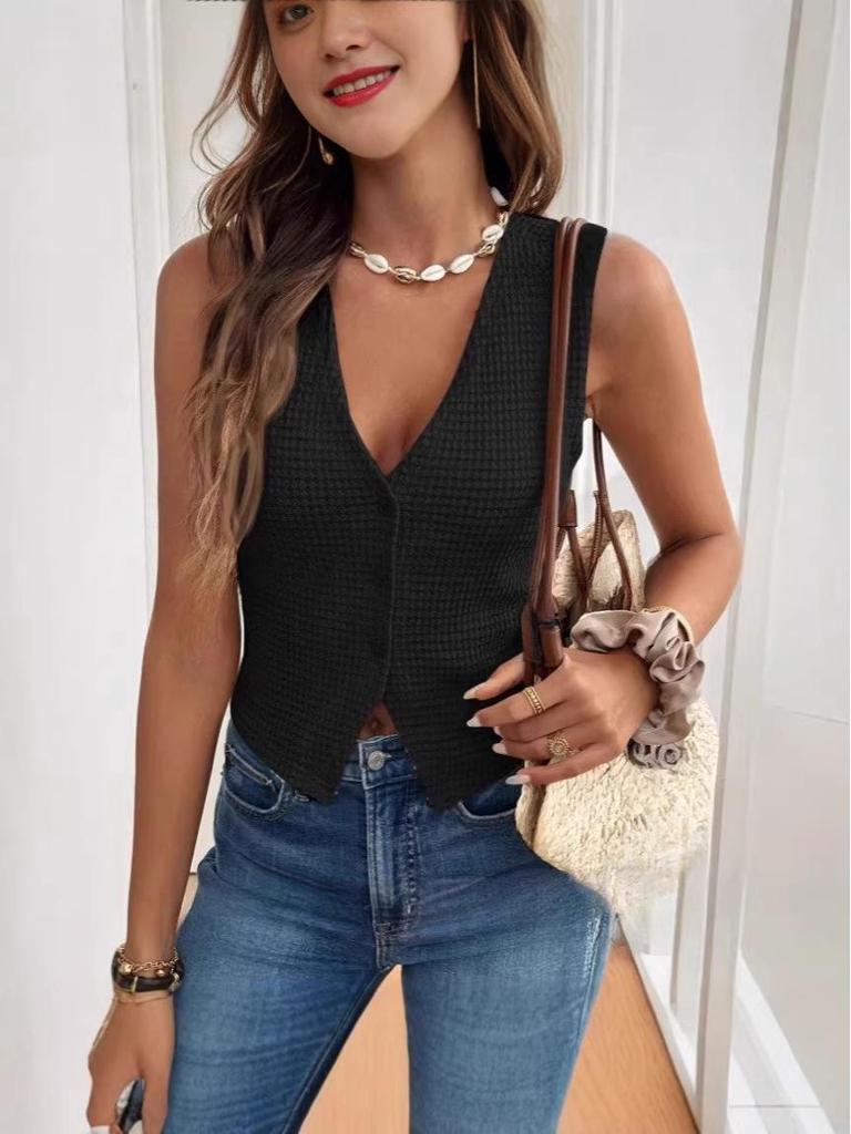 2025 Casual Versatile V-Neck Three-Button Women's Vest T-Shirt