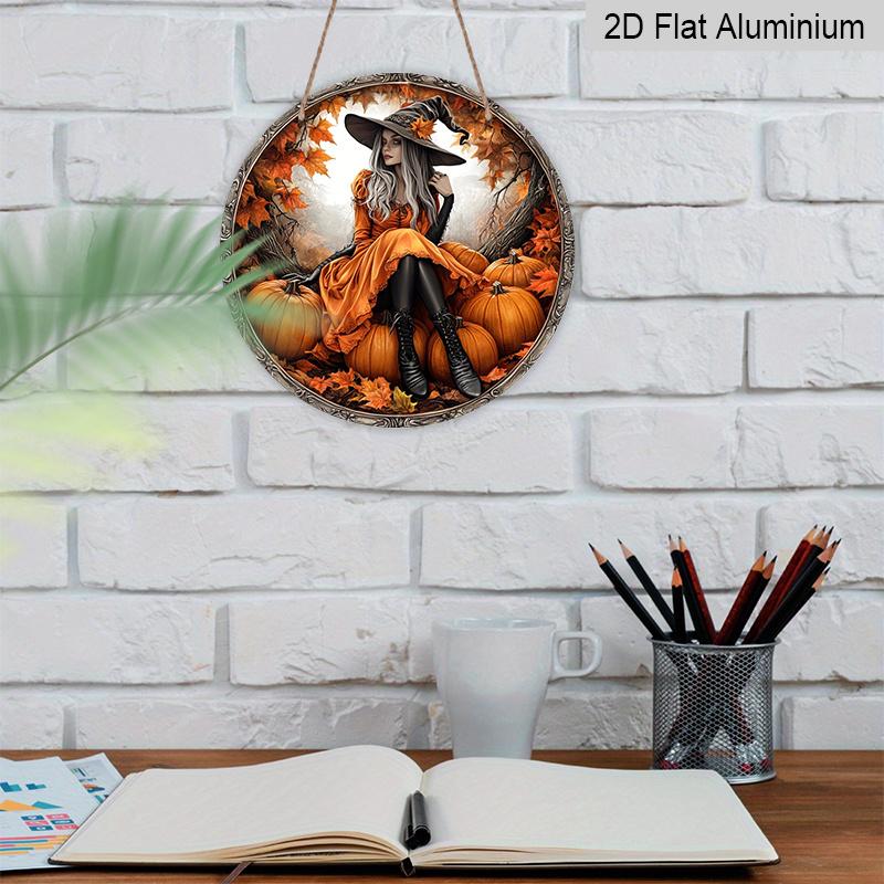 2D Flat, 1pc Pumpkin Witch Themed Round Metal Decorative Sign, Durable Aluminum Indoor Outdoor Decor for Bar Kitchen Cafe Home Office Decoration