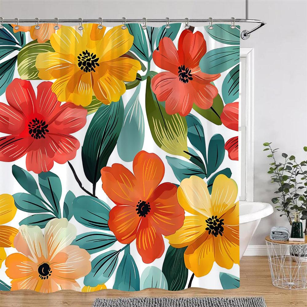 Tropical Plants Floral Shower Curtain Green Palm Leaves Pink Flowers Polyester Fabric Shower Curtains Bathroom Decor With Hooks