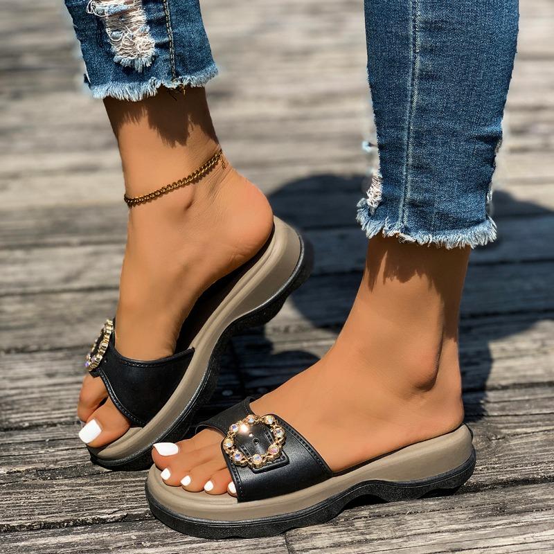 Fashion 2025 Summer Women’s Open Toe Slippers Fashion Rhinestones Buckle Round Toe Platform Concise Sandals for Daily Casual Slippers