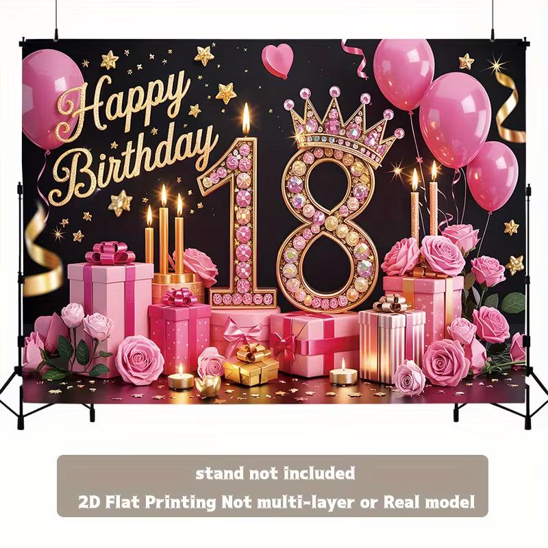 2D Elegant Black Pink 18th Happy Birthday Photography Backdrop with Gift Boxes
