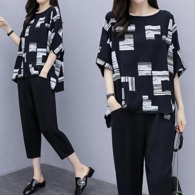 Plus Fat Plus Size damski garnitur, krótki rękaw, zachodni styl, czarno-biały T-shirt, luźny i cienki dwuczęściowy garnitur