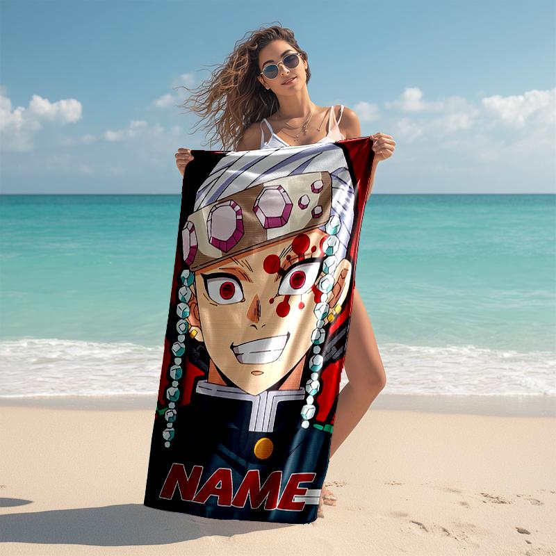Personalized customized proof beach towel with Demon Slayer character theme pattern - soft, absorbent, quick-drying, perfect swimming, camping&bathing
