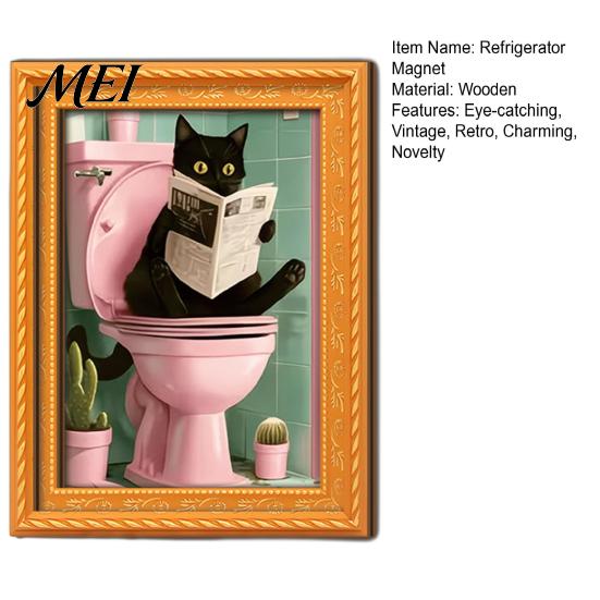 Protective Transparent Picture Covers Funny Wooden Fridge Magnets Frame, Retro Cute Cat Pattern Magnetic Refrigerator DIY Photo Display for