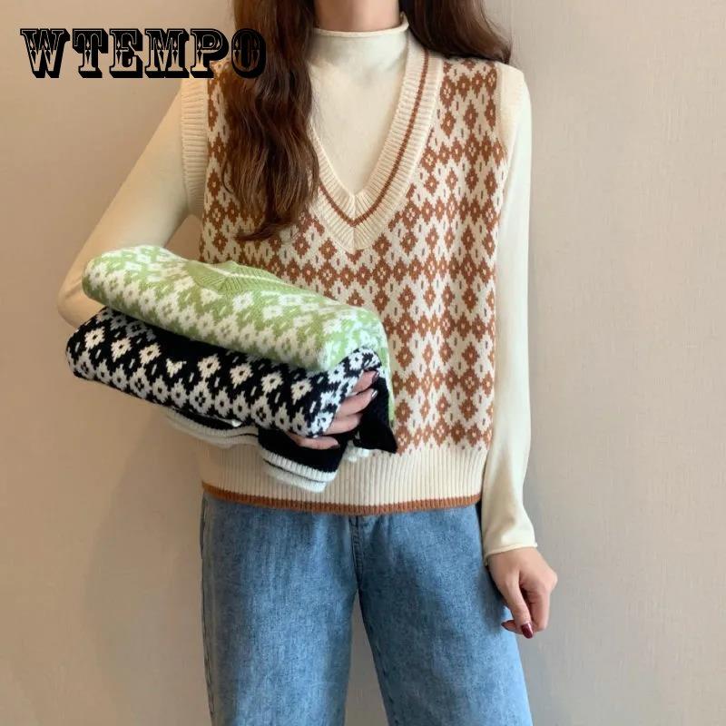 Gilet Scolastico a Quadri Fengling Primavera e Autunno Versione Coreana Femminile Largo Scollo a V Corto in Lana Lavorata a Maglia Senza Maniche