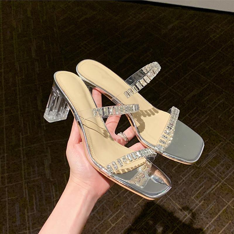 Summer new fairy square head word with rhinestone pvc transparent thick heel sandals actress crystal heel wear cool slippers