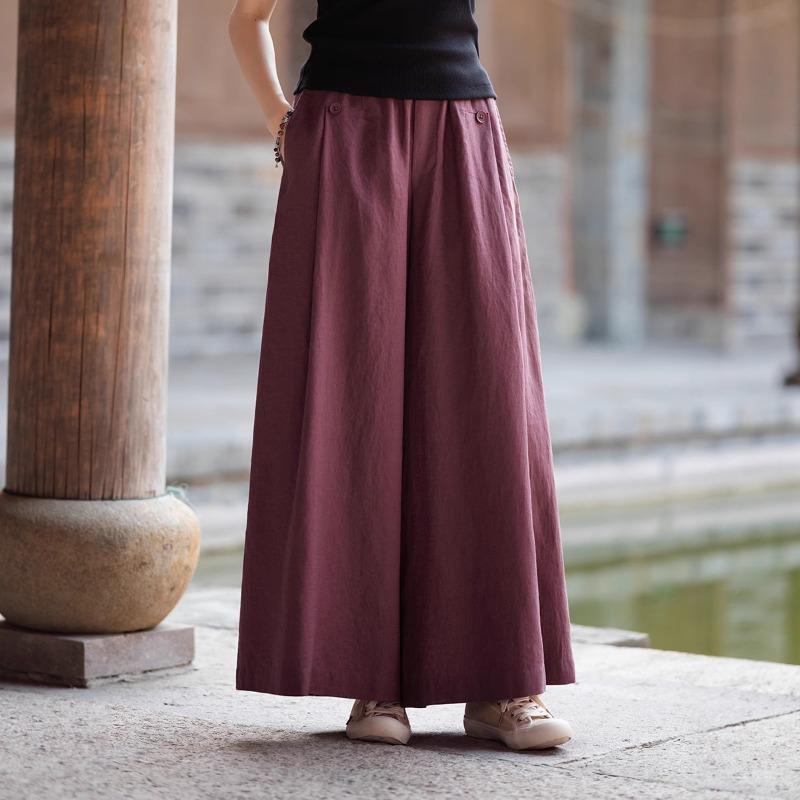 Women's Linen Blend Wide Leg Palazzo Pants Elastic Waist Casual Trousers