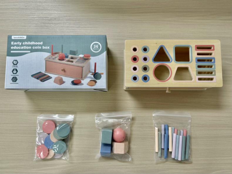 Montessori 4-in-1 Wooden Coin Box: Early Education Toy for Toddler Shape Matching, Sensory Training, and Intellectual Development.