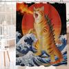 Funny Japanese Orange Cat Flame Shower Curtain, Vintage Anime Ocean Wave Sun Decor, Artistic Waterproof Washable