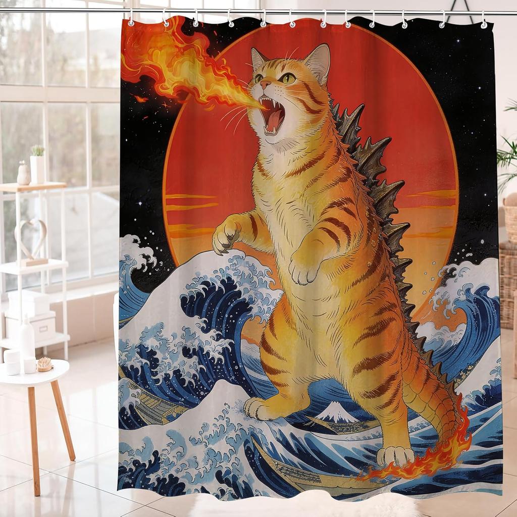 Funny Japanese Orange Cat Flame Shower Curtain, Vintage Anime Ocean Wave Sun Decor, Artistic Waterproof Washable