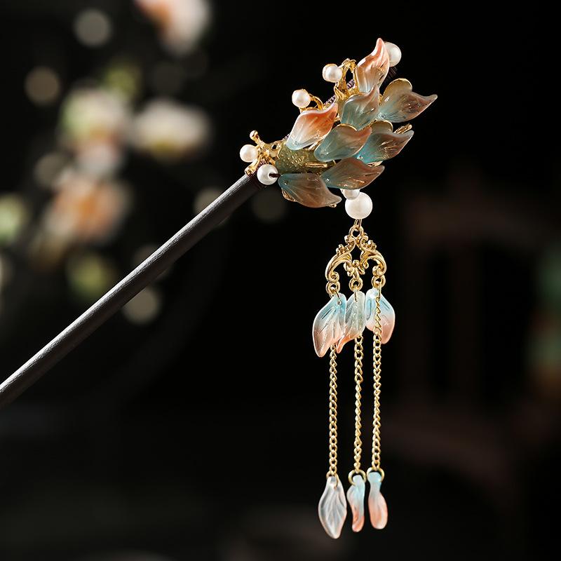 1 Stück Glas Fisch Haarnadel Antiker Kopfschmuck Sandelholz Haarnadel Frische Blütenblatt Haarnadel Neuer Chinesischer Stil Blütenblatt Quaste Haarnadel