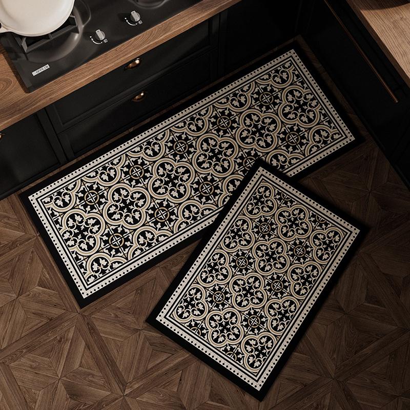 Kitchen Floor Mat Waterproof Non-slip Wash-free Carpet PVC Leather Strip Rugs American Black and White Home Decoration Foot Mats
