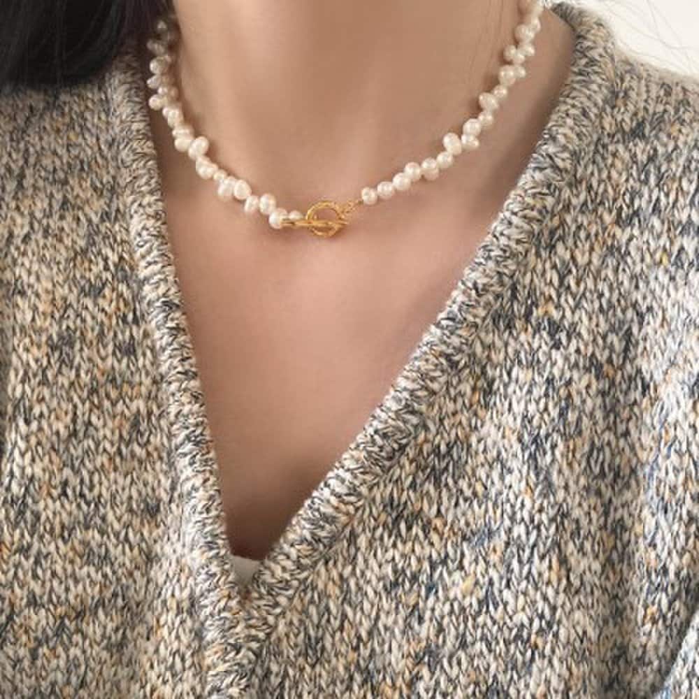 Rice Ball Ugly Natural Freshwater Pearl Silver Toggle Bar Necklace