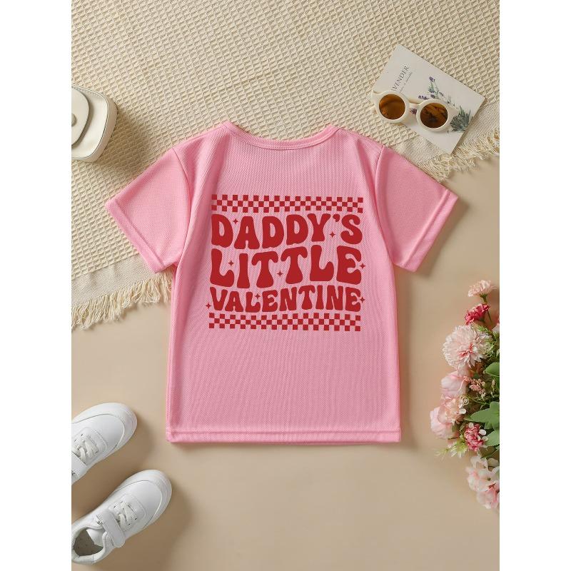 Mărimi europene Fete Modă de vară Tricou cu mânecă scurtă DADDYS LITTLE VALENTINE Imprimeu desen animat carouri și ochi de inimă Gât rotund casual