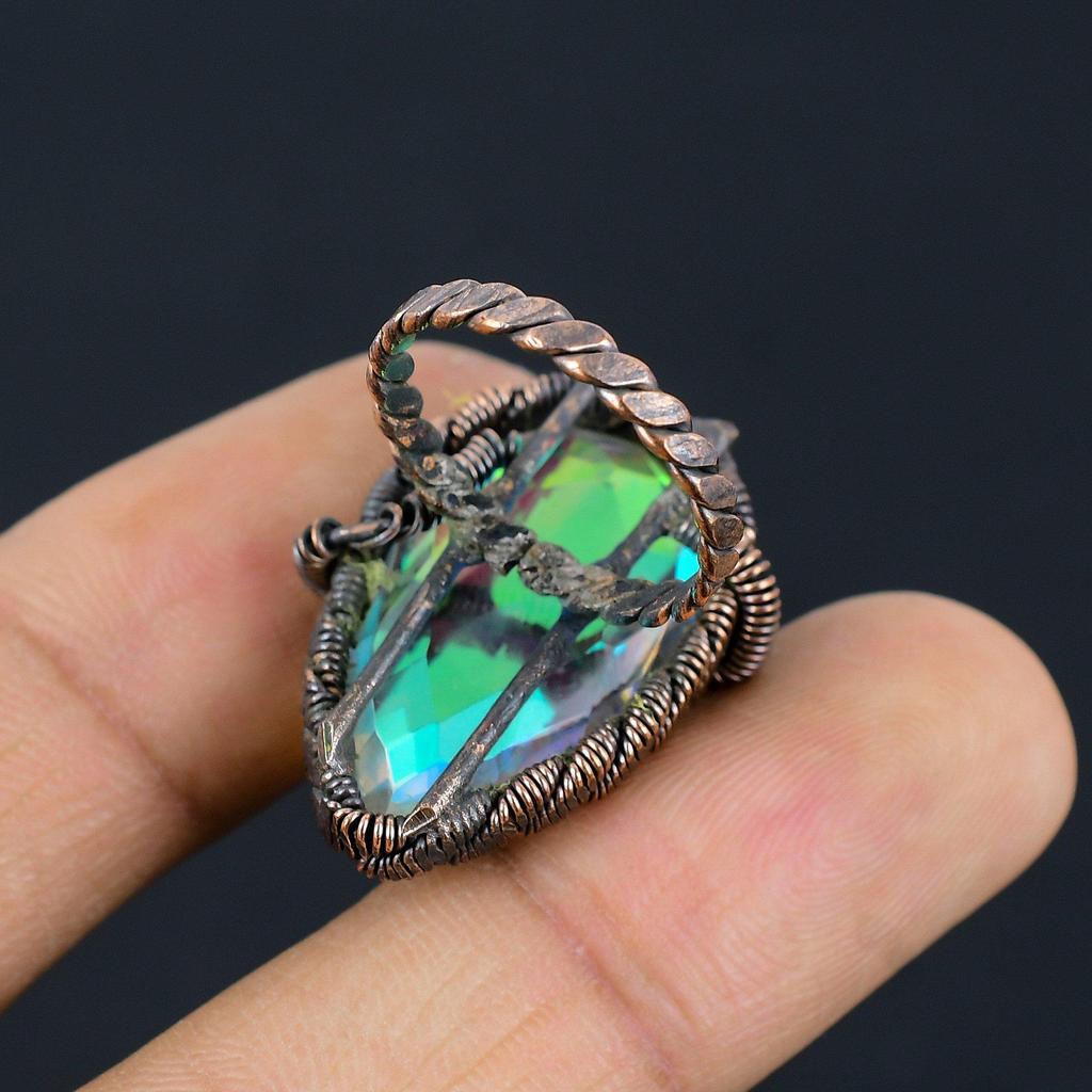 Anillo de joyería hecho a mano envuelto en alambre de cobre con piedras preciosas de topacio místico para regalo