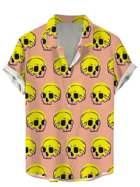 Vintage Men Shirts Funny Skull Flowers Printing Streetwear Short Sleeve Shirts Summer Hawaii Shirt Print Lapels Shirts for Men