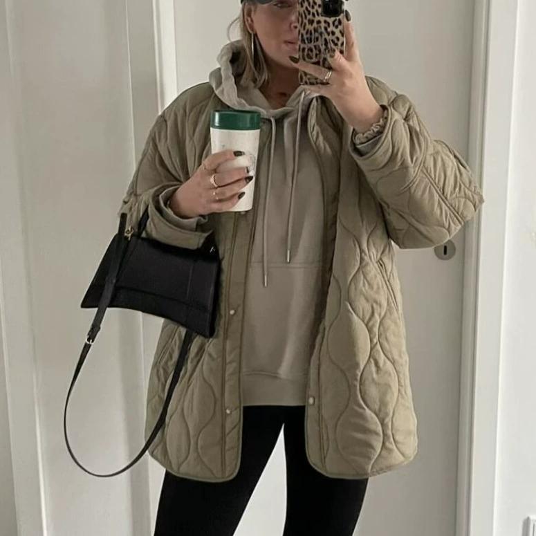 Winter Ladies Fashion Temperament Quilted Thread Decoration Simple Solid Color Round Neck Loose Cotton Long-sleeved Jacket