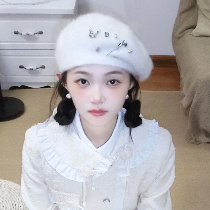Rabbit Fur Plush Beret Female Winter Fashion Painter Hat Sweet Temperament Small Bud Hat