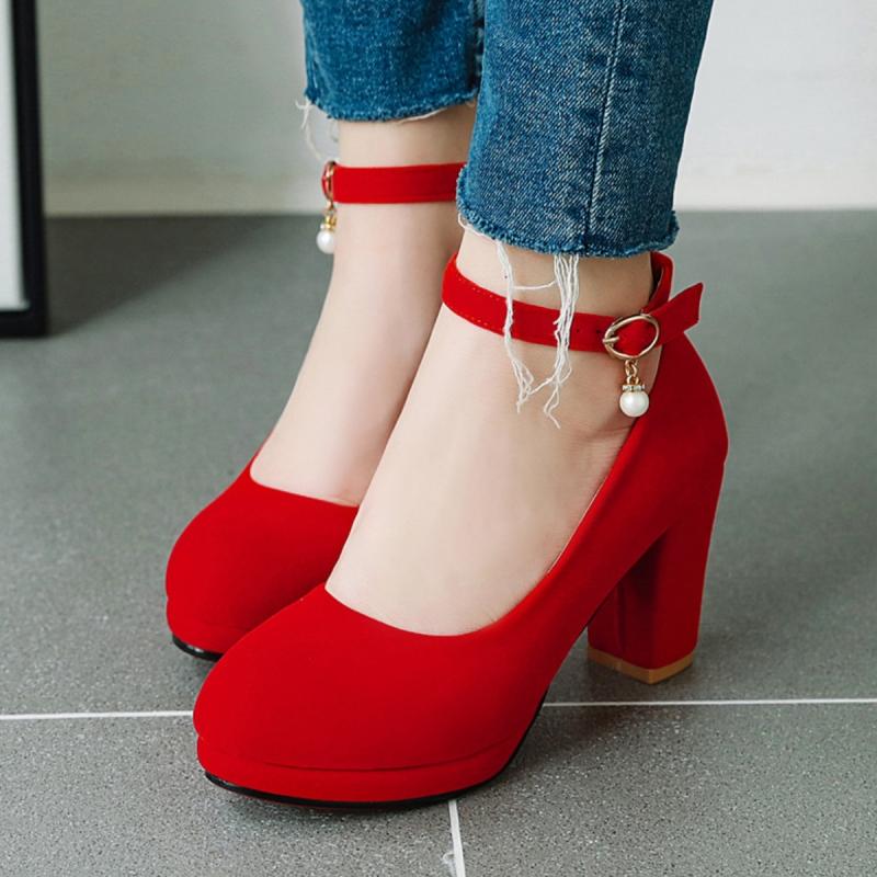 Flock Dámské lodičky na vysokém podpatku Boty 2025 Módní pásek Černé Červené na podpatku Párty Svatební Kancelářské boty Dámská platforma