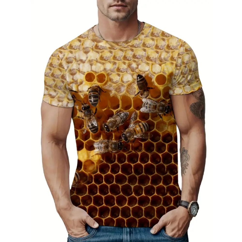 Men's Casual Honeycomb Bee Print T-Shirt Casual Round Neck Short Sleeve Tshirts Clothes New In Funny Bee Graphic T Shirts Tops