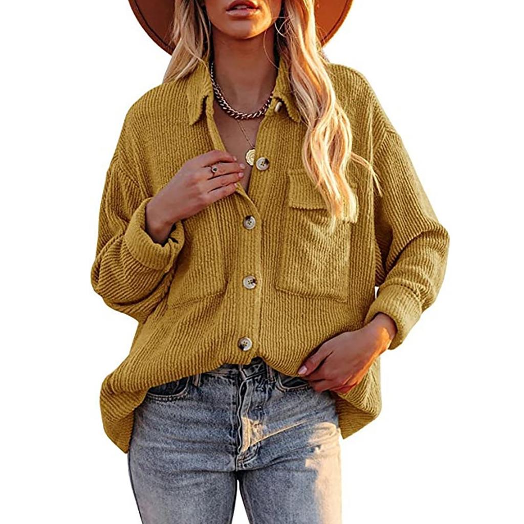 Women's  And Winter Loose Corduroy Lapel Double Pockets Long-Sleeved Shirt Jacket