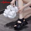 Fashion Aphixta New Buckle Height Increaming Canvas Platfom Sandals Women 3.15 Inch Wedge Heel Shoes Hook & Loop Thick Bottom Slides
