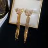 New Trendy Full CZ Cubic Zirconia Bowknot Long Chain Tassel Drop Earrings for Women 18K Real Gold Silver Plated Copper