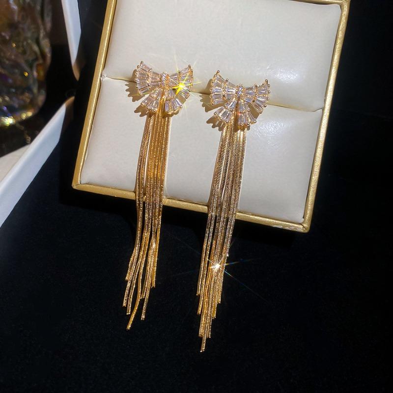New Trendy Full CZ Cubic Zirconia Bowknot Long Chain Tassel Drop Earrings for Women 18K Real Gold Silver Plated Copper