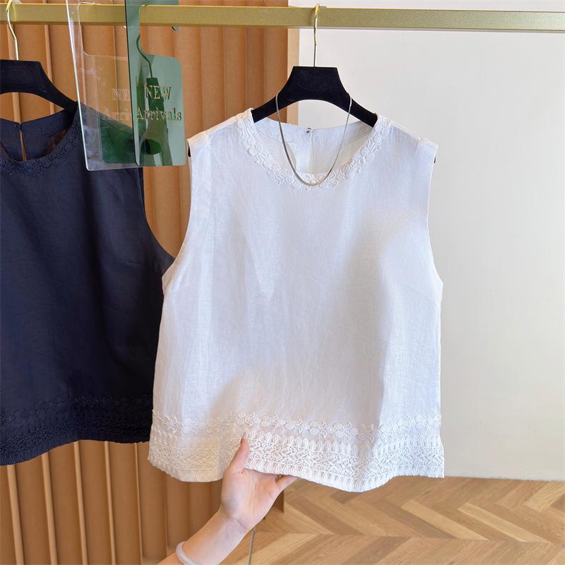 Korean Style Sleeveless Linen Blouse - Women s 2025 Summer Embroidered Round Neck Top M