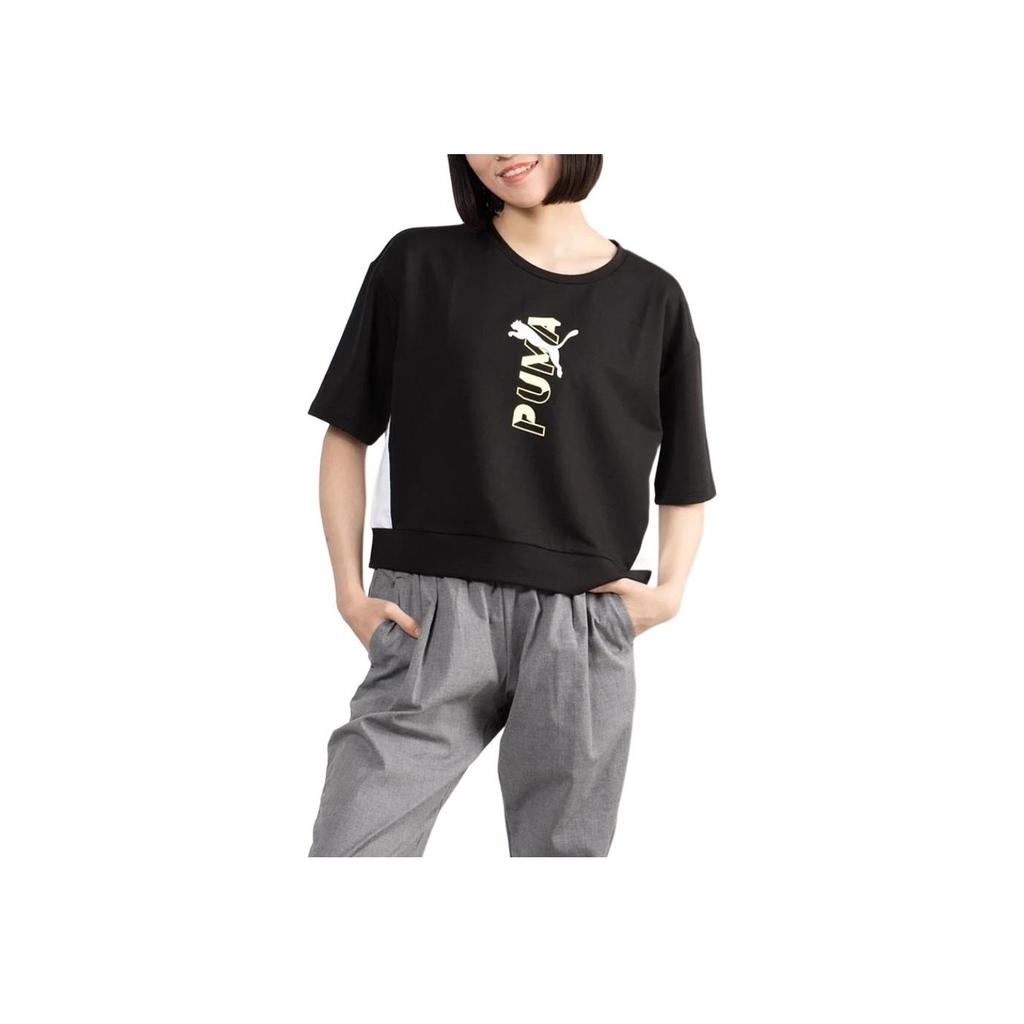 Puma Modern Sports Sweat Tee Breathable Letter Print Logo Color Block Round Neck Pullover Short Sleeve T-Shirt Women Tops Black 588727-01