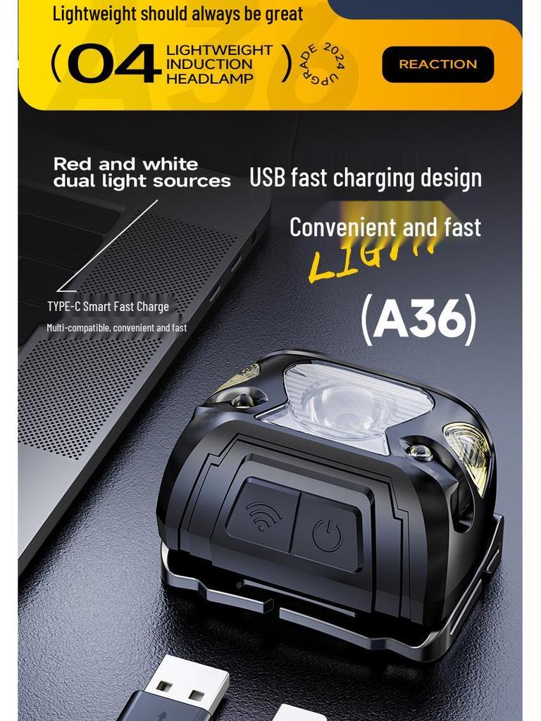 USB Rechargeable LED Headlamp with Sensor, Long Battery Life, High Brightness, Red Light Mode for Fishing, Cycling, and Outdoor Work