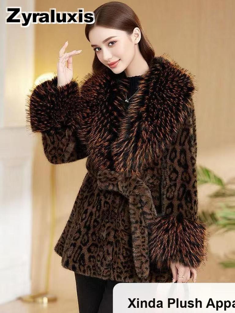 Women's Leopard Print Faux Fur Coat with Wide Collar and Slim Fit for Winter Formal Wear