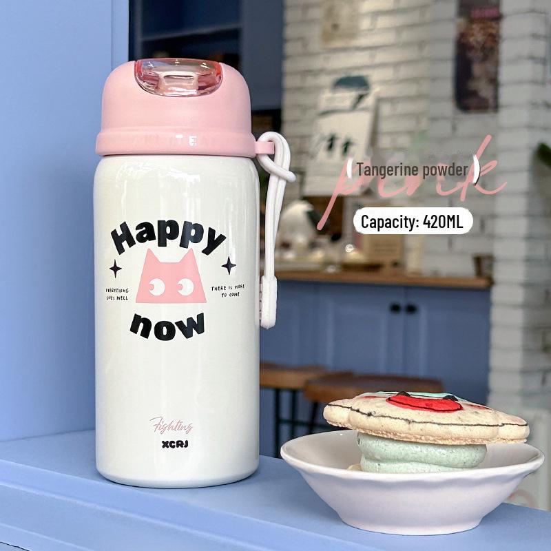 

Портативный термос из нержавеющей стали с мультяшной соломкой для студентов 420ml