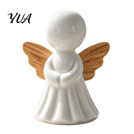 Healing Angel Sculptures for Office Minimalist Figurine with Wood Texture Wings, Compact Statue, Home Accessories Decorative White Sculpture