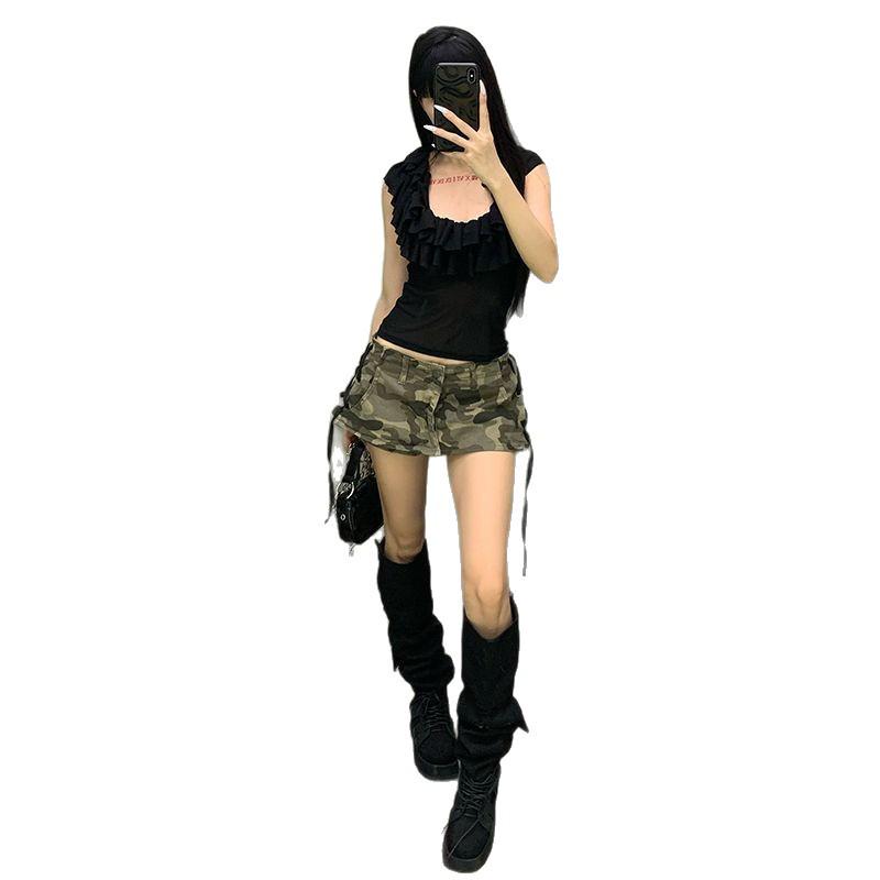 Women's Camouflage Lace-Up Denim Skirt - American Retro Low-Waisted A-line Hip-Hugging Mini Skort