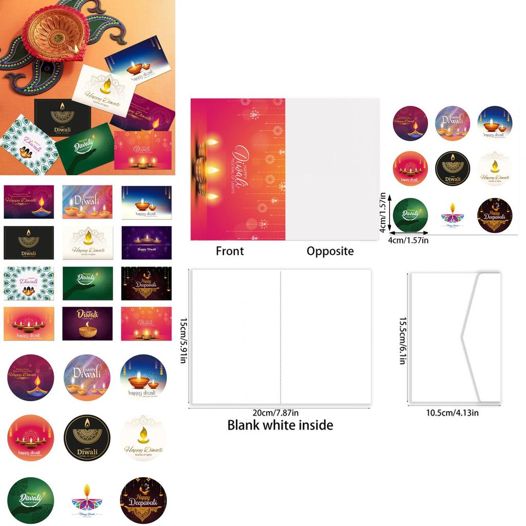 Diwali Festival Greeting Card Collection With Envelopes And Decorative Stickers For Event Use