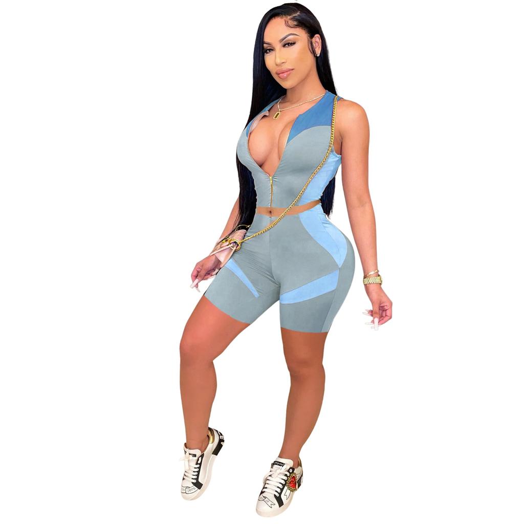Two Piece Sets for Women Skinny Fashion Printing Women Tracksuit Zip Sleeveless Crop Top and Biker Shorts Two Piece Matching Set