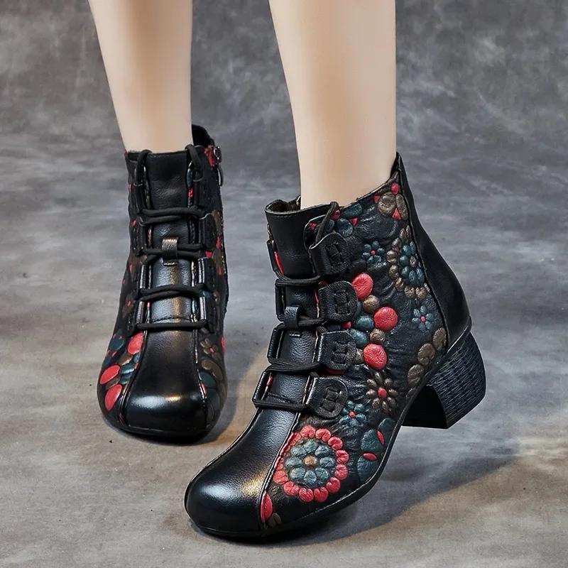 Fashion 2024 New Autumn Aed Winter For Warmth Genuine Leather Shoes Women Boots Round Toe Print Sewing Zip Retro Leisure Platform Boots