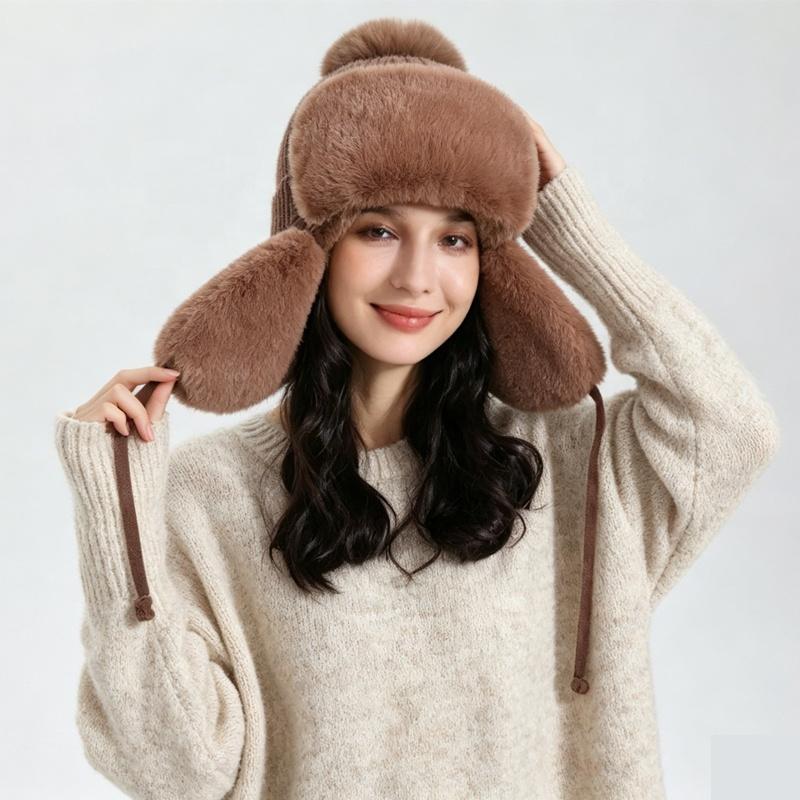 Zeyu Unisex Winter Faux Fur Trapper Hat Warm Fluffy Breathable Knitted Earflap Pom Pom Windproof Cold Weather Sports Travel ODM