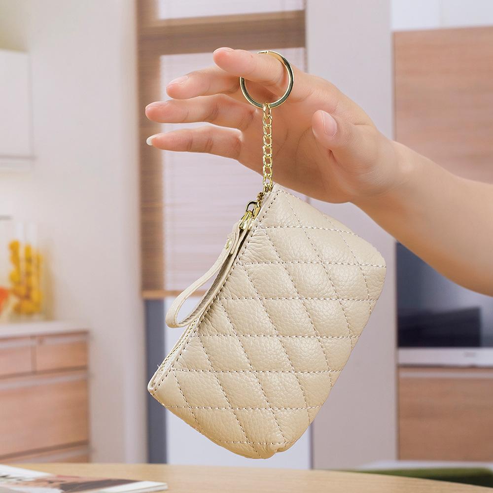 Rhombus embroidered change bag, coin storage bag, cowhide mini simple zipper small bag, key bag for women
