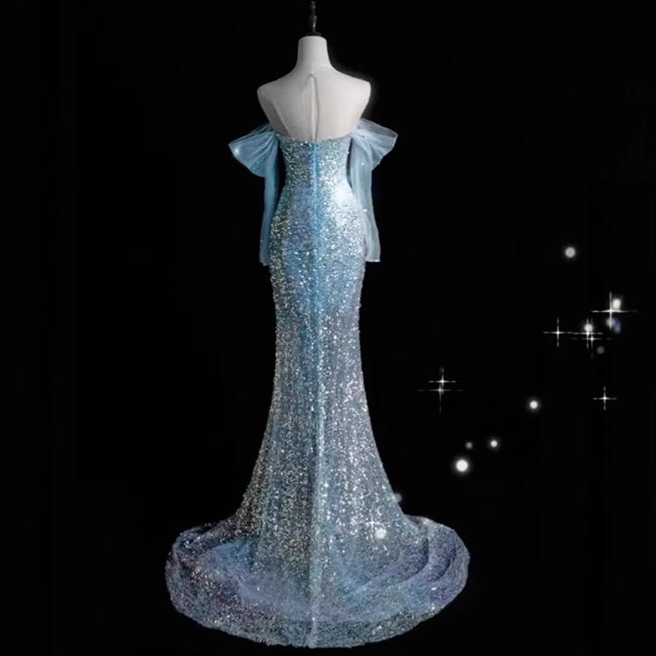 Light blue fishtail light luxury evening dress 1011 new host temperament tube top toast dress skirt sequined dress