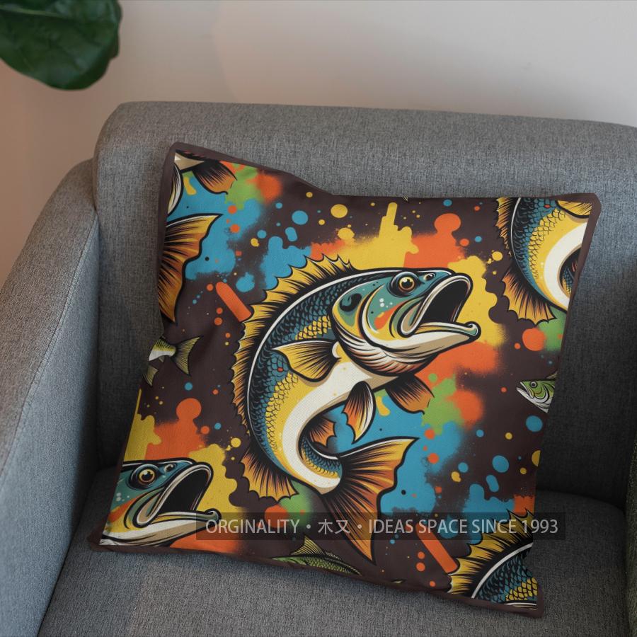 2D Colorful Tribal Fish Pattern Throw Pillow Pattern Cushion Cover Suitable For Sofa Bedroom Car Pillow Cover